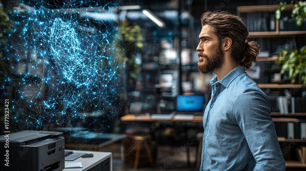 Leinwandbilder Tech troubleshooting visualized by a user solving printer connectivity issues Stock Photo with side copy space