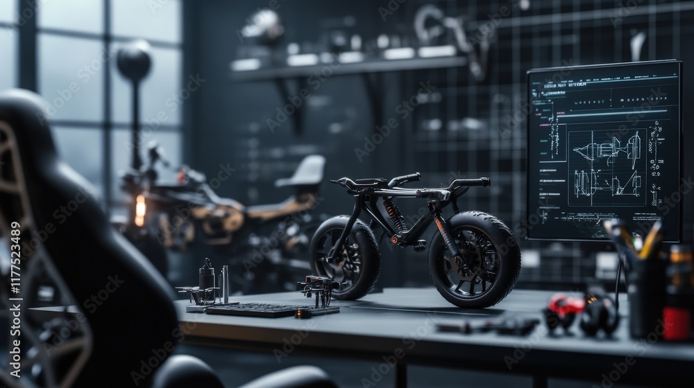 Poster Modern workspace featuring a sleek bicycle model and advanced technology, showcasing an innovative design studio environment with motorcycle in background