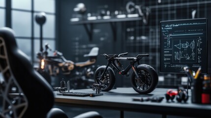 Fototapeta premium Modern workspace featuring a sleek bicycle model and advanced technology, showcasing an innovative design studio environment with motorcycle in background