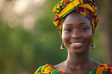 A young woman smiles warmly while wearing a vibrant traditional outfit and a matching head wrap. The background features soft greenery, Generative AI