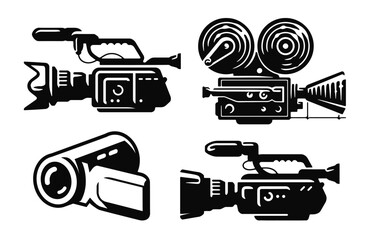 Video camera icon set. Television broadcast, filming, movie, reportage symbol or emblem
