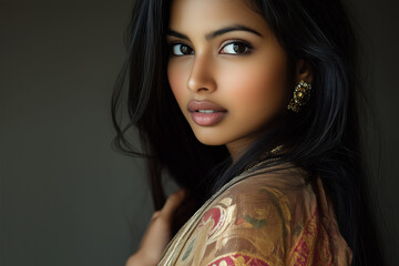 A young woman with long black hair poses gracefully while wearing a beautifully decorated traditional outfit. Soft lighting highlights her striking features and expressive gaze. Generative AI