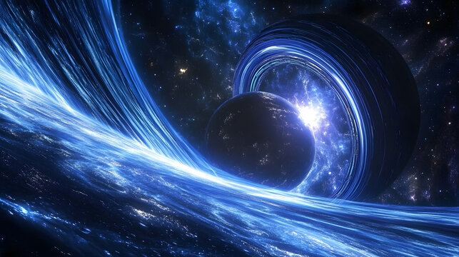 A powerful depiction of a space station orbiting a planet, where the curvature of space-time visibly distorts the path of light and objects 