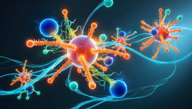 A mesmerizing abstract digital composition featuring luminous molecular structures with glowing orbs and fibers, intertwined by intricate chemical bonds that pulse with vibrant hues of electric blue, 