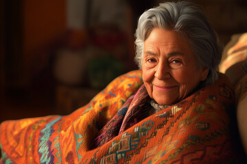 A warm and inviting atmosphere surrounds an elderly woman seated comfortably. Generative AI
