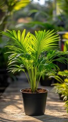 Obraz premium Potted palm plant in sunny greenhouse