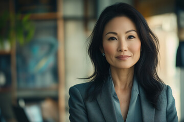 A poised businesswoman stands in a stylish office with a warm atmosphere, exuding confidence and professionalism
 Generative AI