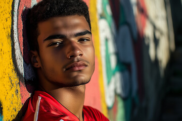 A young man stands in front of a colorful graffiti wall, displaying a relaxed expression. The warm sunlight highlights his features, Generative AI