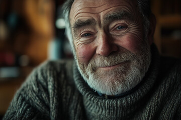 An elderly man with a thick gray beard and friendly expression sits indoors, wearing a knitted sweater while enjoying a moment of tranquility in a warm atmosphere. Generative AI