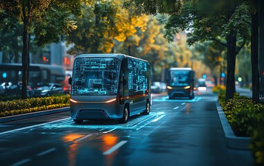 Obraz premium An ecoconscious logistics concept with electric vehicles and delivery vans, focusing on sustainable transportation solutions and clean energy, modern and futuristic visual