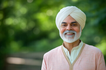 A cheerful man dressed in traditional attire stands in a green park, smiling warmly amidst sunlight filtering through trees, creating a joyful atmosphere. Generative AI