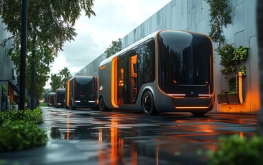 Obraz premium An ecoconscious logistics concept with electric vehicles and delivery vans, focusing on sustainable transportation solutions and clean energy, modern and futuristic visual