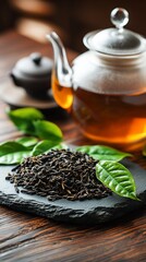 Tea leaves on slate with glass teapot,  background, still life