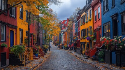 Fototapeta premium Colorful Houses Line A Cobblestone Street In Autumn