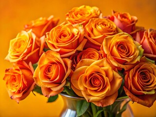 Naklejka premium Macro Photography: Vibrant Orange Roses in a Vase Against Yellow Background