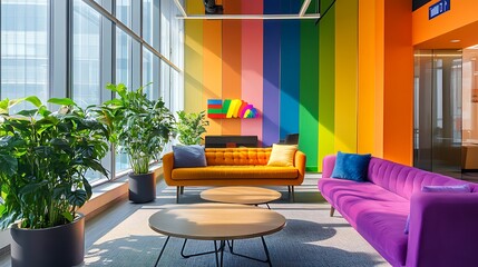 A modern, colorful office space with a vibrant rainbow-striped wall, green potted plants, and a comfortable seating area with a yellow sofa and purple armchair.