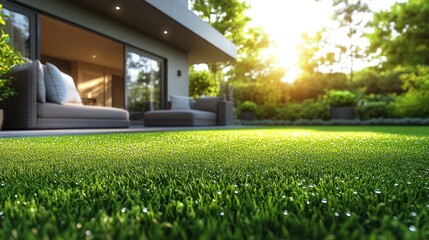Modern home exterior with lush green lawn and patio furniture. Sunlight streams through the glass doors onto the outdoor living space.