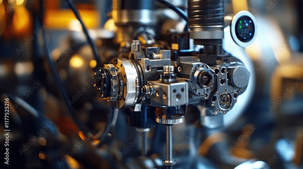 Poster close up view of a sophisticated robotic arm showcasing intricate gears and mechanisms, actively eng