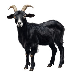 Fototapeta premium a realistic illustration of a black goat with curved horns. standing upright the goat has a fluffy coat and a friendly expression. showcasing its features clearly against a light background this illus