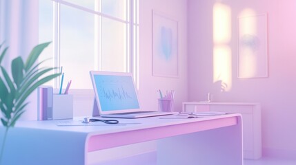 A clean and modern doctor's desk with a stethoscope, a laptop, and medical documents neatly arranged, set in a bright clinic with a calming white and pastel color scheme.