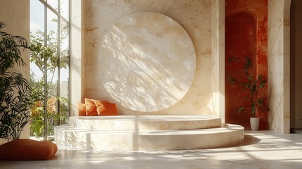 Obraz premium Sunlit Modern Interior With Circular Marble Display