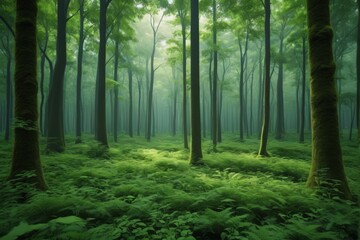 there is a green forest with a lot of trees and ferns