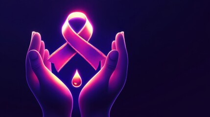 Obraz premium Glowing Ribbon of Hope Held in Caring Hands: A Symbol of Support and Compassion for Cancer Awareness