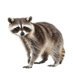 Obraz premium a raccoon stands on all fours. showcasing its distinctive black and white facial markings. bushy tail. and grayish fur the animal appears curious. with its head slightly tilted. against a plain white