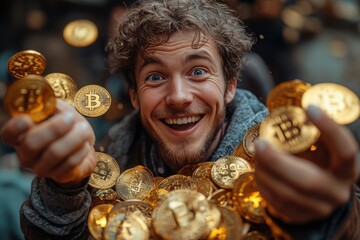 Smiling Businessman Surrounded by Floating Golden Bitcoin Coins, Celebrating Cryptocurrency Success and Wealth in an Urban Background - Perfect for Financial, Investment, and Blockchain Themes