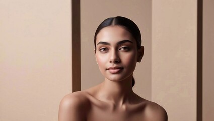 The young woman displays a serene expression, highlighting her natural beauty and smooth complexion on minimalistic beige backdrop, free space