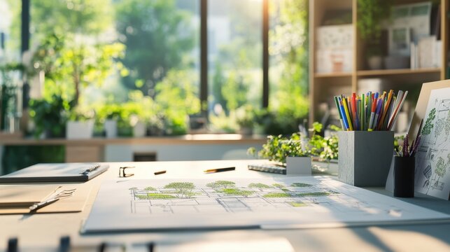 A landscape architect's table featuring a site plan, colored markers, plant catalogs, and material samples, in a light-filled studio with greenery and inspiration boards. 