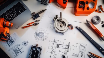 A mechanical engineer's workspace featuring a disassembled machine part, technical schematics, and a 3D printed prototype, surrounded by reference books and tools.