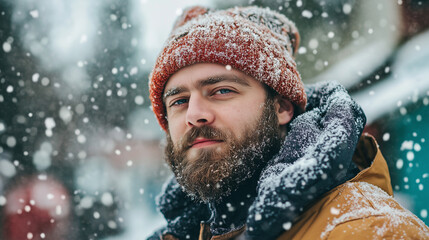 A captivating portrait of a bearded Caucasian man wearing a snowy hat, set in a winter wonderland, conveying a sense of rugged charm and the beauty of chilly outdoor adventures.