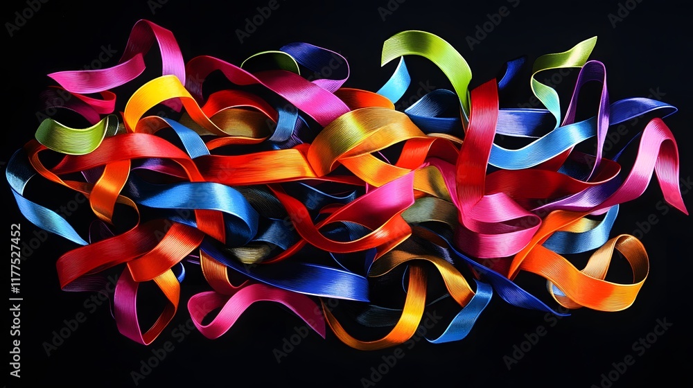 Poster colorful ribbons in motion artistic display abstract composition studio setting close-up view creati