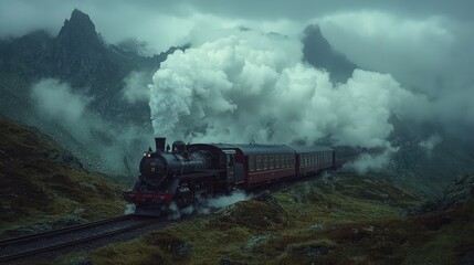 Fototapeta premium Steam Train Ascending Mountainous Terrain Through Mist