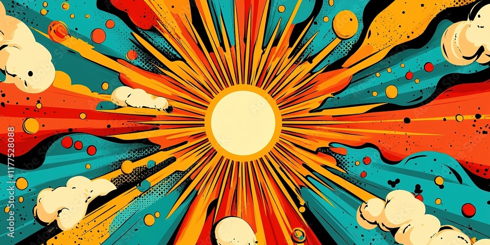 Poster colorful explosion of rays and patterns in a vibrant and dynamic artistic design