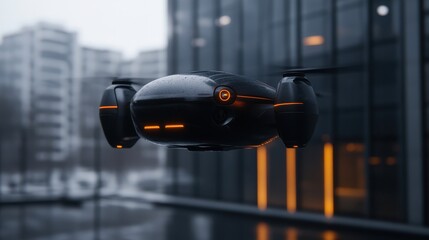 A sleek drone hovers in an urban setting, showcasing modern technology under soft rain, This image is ideal for articles on innovation, tech reviews, or promotional materials for drone services,
