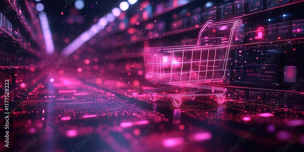 Poster shopping cart floating in a digital environment with vibrant colors and technology elements