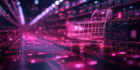 Shopping cart floating in a digital environment with vibrant colors and technology elements