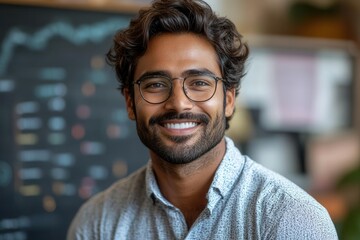 Obraz premium professional indian businessman confidently presenting ideas on glass board in modern corporate office environment, wearing smart casual attire with positive expression