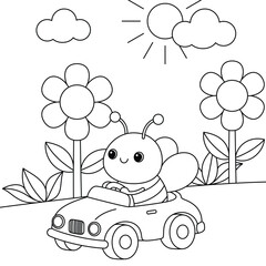 Cute kawaii cartoon character bee driving car coloring page for kids