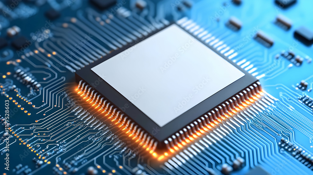 Poster close-up of a microchip processor on a circuit board, glowing connections, technology concept.