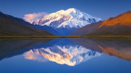 A breathtaking view of a snow-capped mountain rising majestically above a serene lake, reflecting the vibrant colors of twilight. The surrounding valleys and peaks add to the beauty