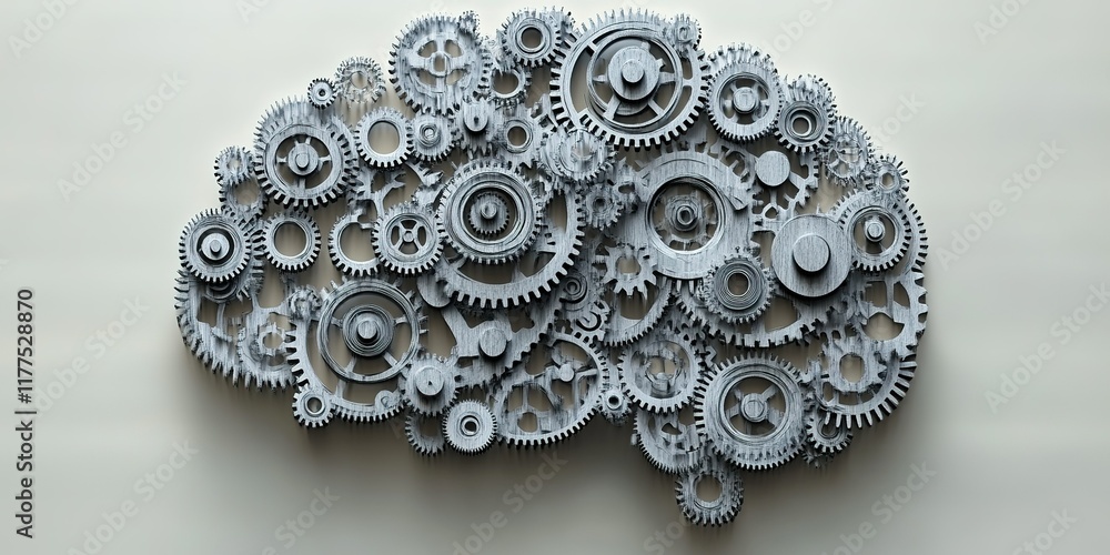 Poster intricate arrangement of gears symbolizing the complexity of the human brain in a modern art display