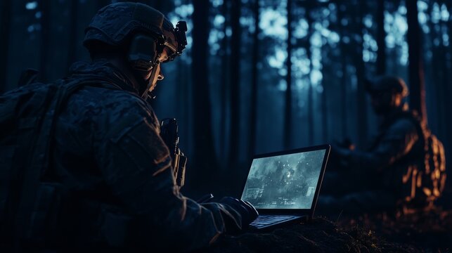 Two soldiers are engaged in nighttime operations in a forest, utilizing a laptop for tactical communication and strategizing while surrounded by trees and low light