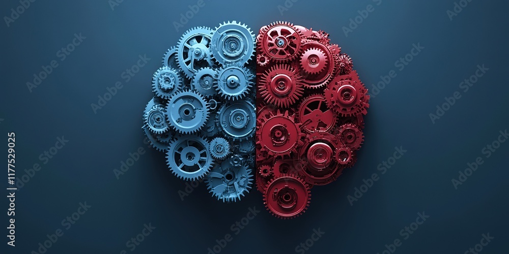 Poster cogs and gears in blue and red forming a brain shape representing creativity and logic