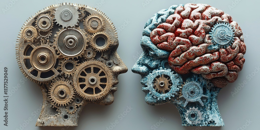 Poster unique artistic representation of human minds with gears showcasing the relationship between intelle
