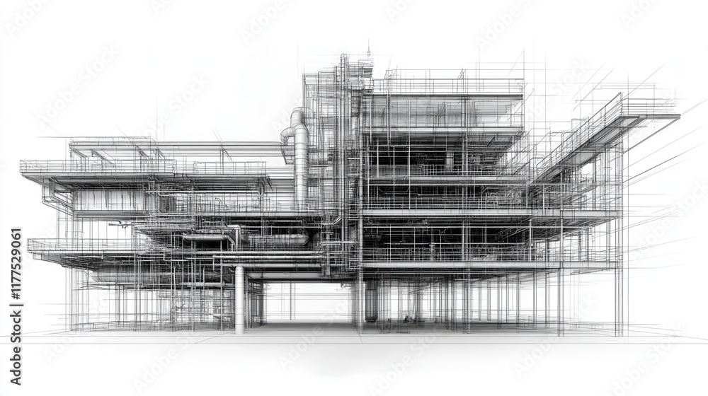Poster architectural wireframe rendering of a modern building design