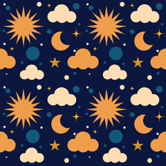 Starry sky with clouds, sun and moon - seamless pattern, vector
