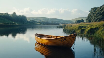 Naklejka premium Wooden Rowboat on Calm Lake Surrounded by Hills